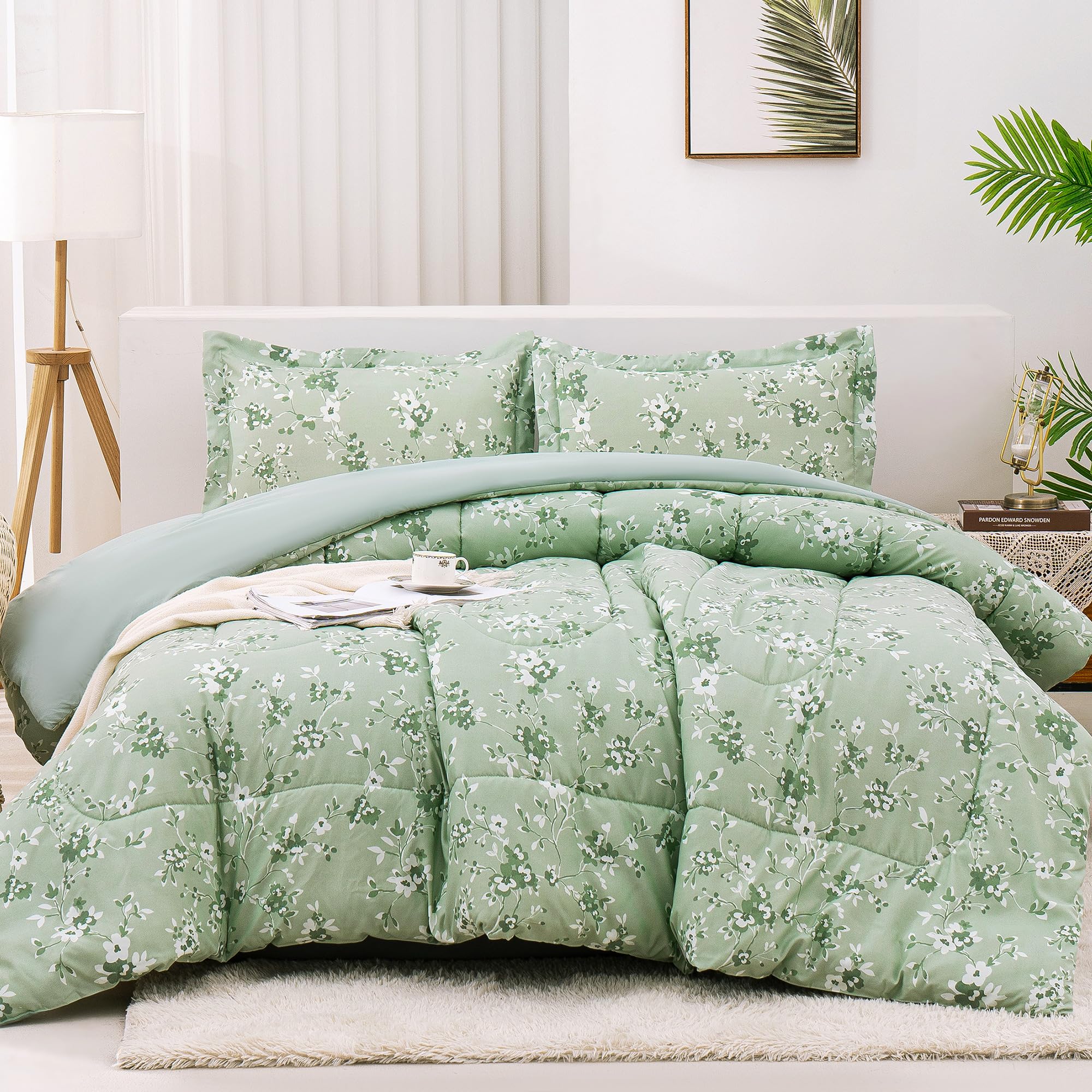 Mooreeke King Floral Comforter Set, Sage Green Aesthetic Flower Printed Bedding Sets, 3 Pieces Vintage Comforters & Sets, 1 Soft